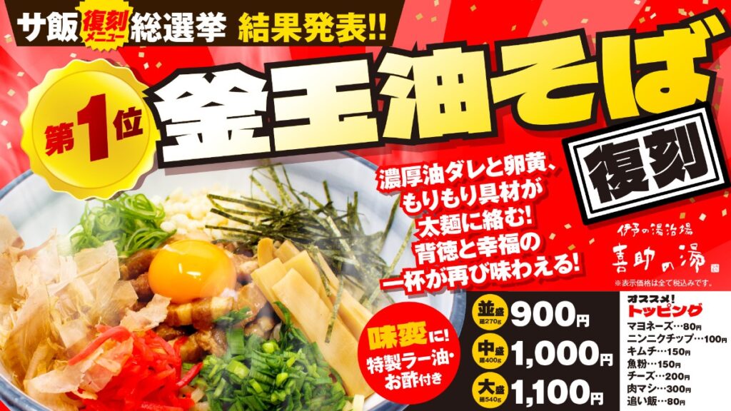 松山【伊予の湯治場 喜助の湯】「Re:サ飯2025 人気投票」結果発表　1位「釜玉 油そば」が4月1日より復刻販売
