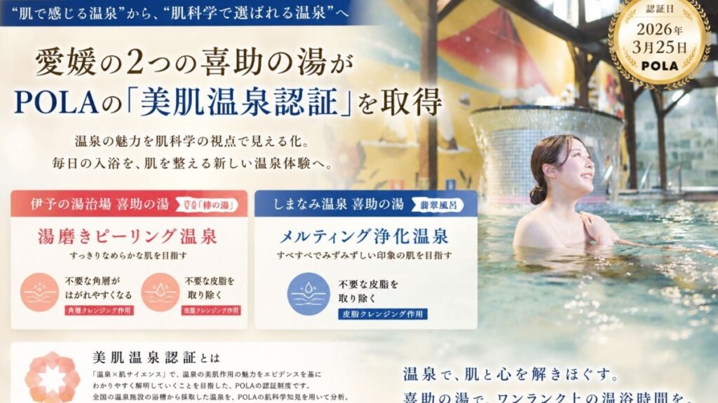 【松山市・今治市／喜助の湯】POLAの「美肌温泉認証」を2店舗が取得！温泉で肌を整える新たな楽しみ方